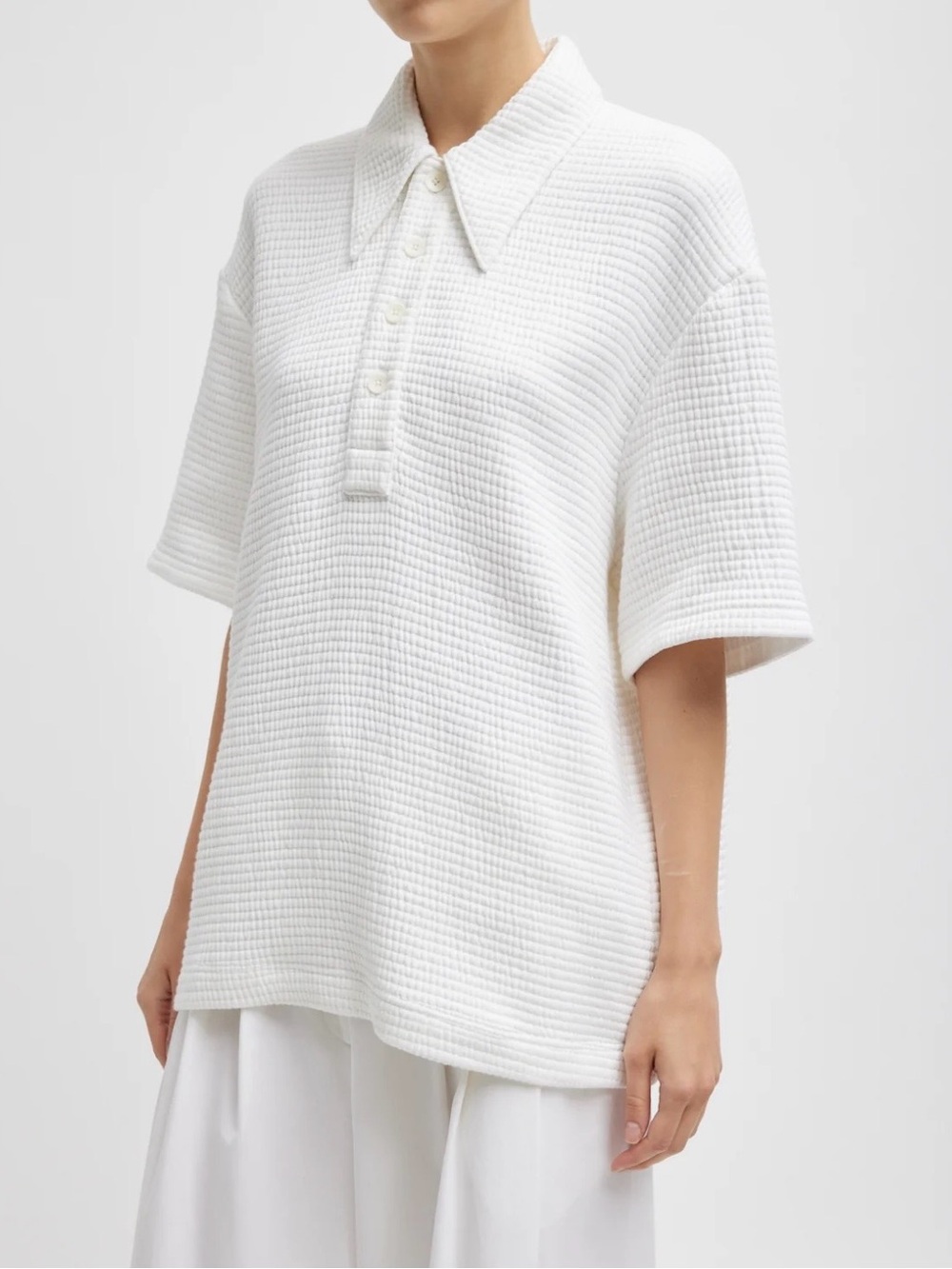 Tibi Quilted Waffle Polo Tunic Top in White Size L